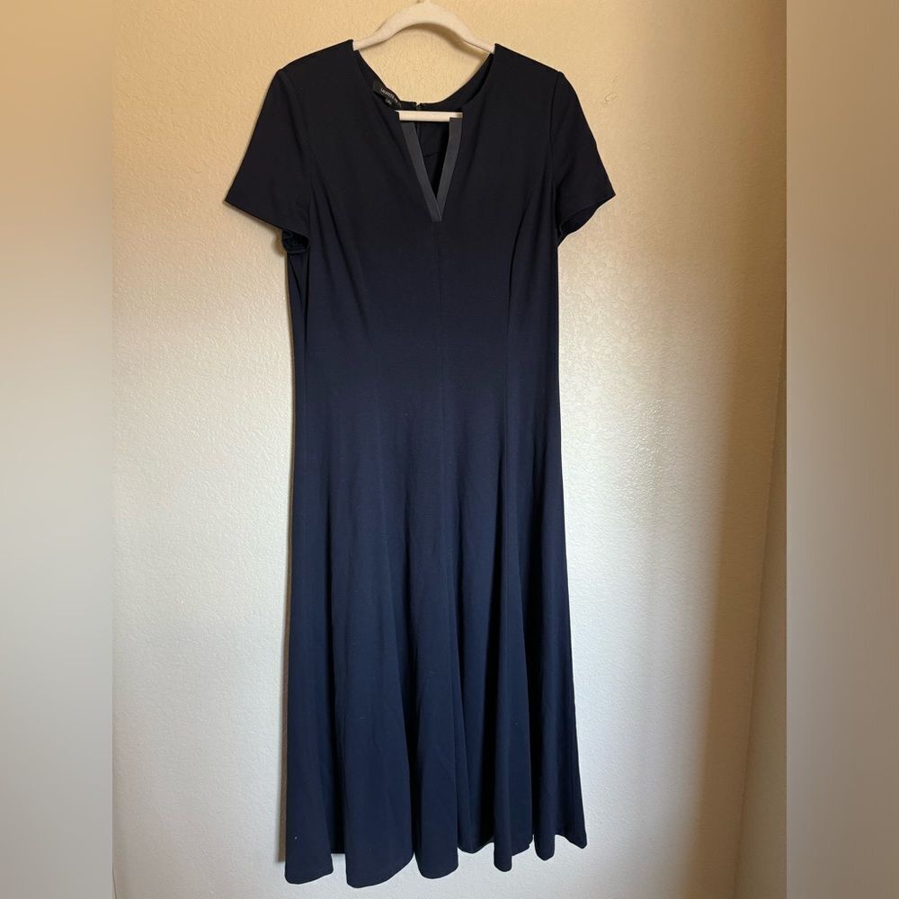 Lafayette 148 NY V-Neck Flowy Maxi Dress Sz Large Deep Blue Short‎ Sleeve
